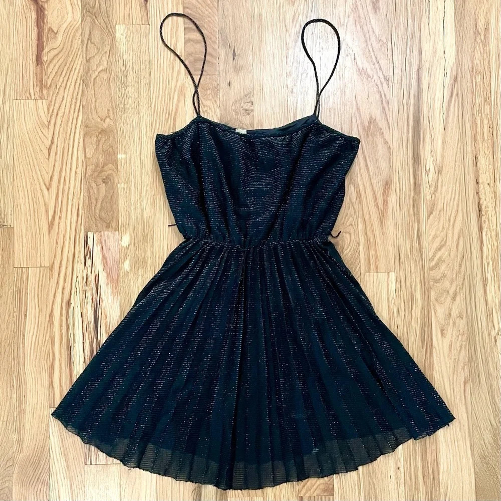 Vintage Pleated Sleeveless Sparkly Black Sheer Mini Dress Size Small